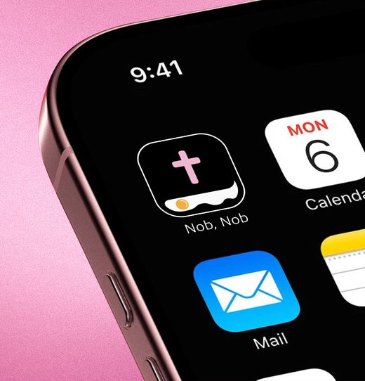 A phone home screen on a pink background with the NobNob app icon