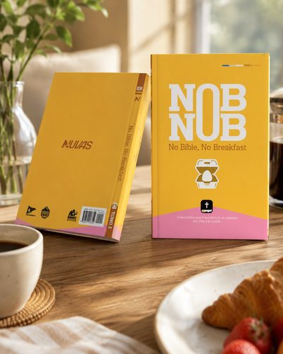 NobNob devotional books arranged on a wooden table