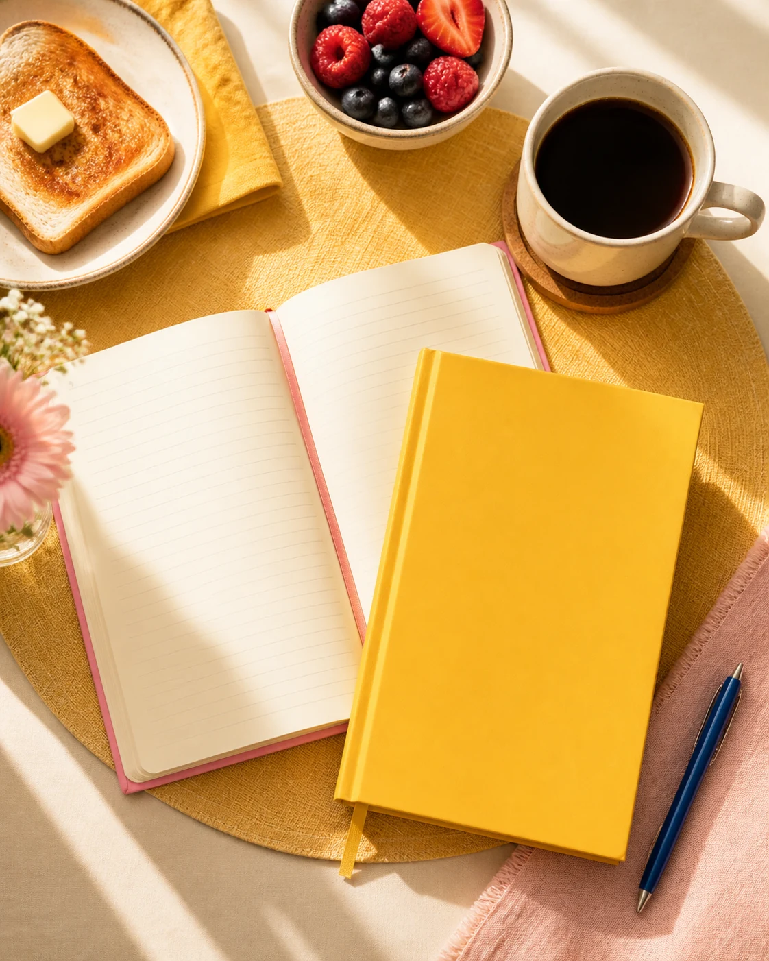 An open devotional journal and yellow book arranged on a sunny breakfast table